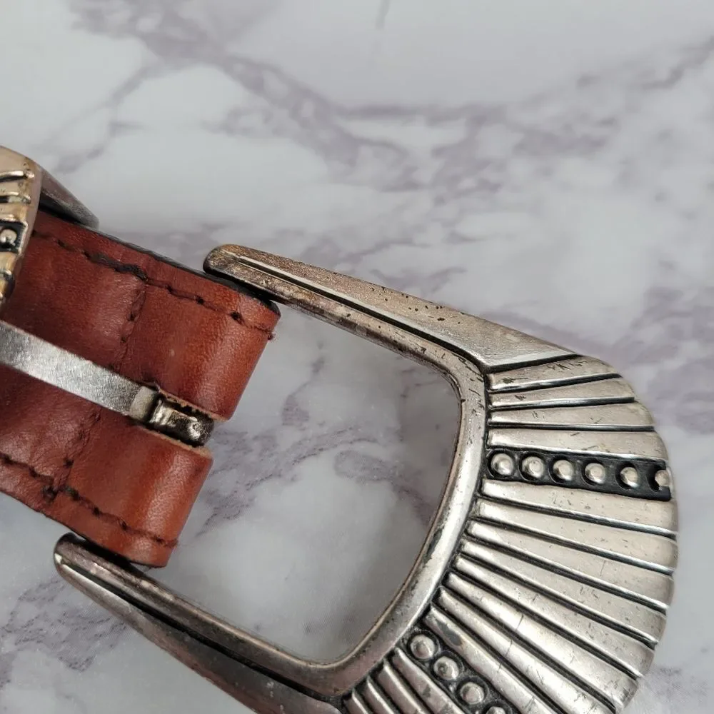 Brown Leather Interlock Tab Belt with Silver Toned Aztec Buckle